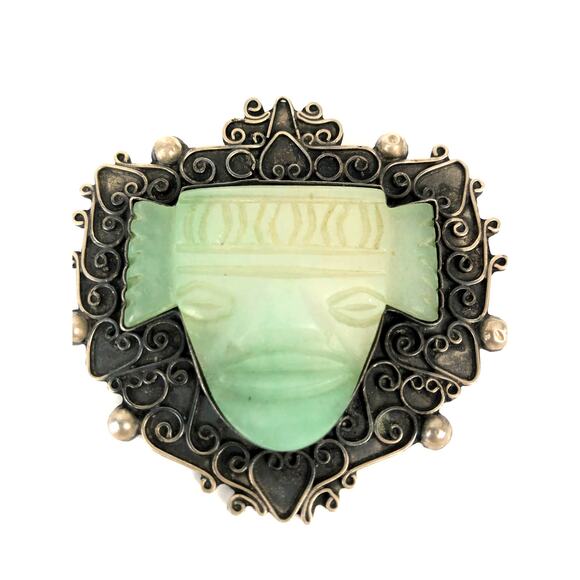 Aztec Mask Green Jade Carving Sterling Silver 925 Brooch Pin Made in Mexico - Picture 2 of 4